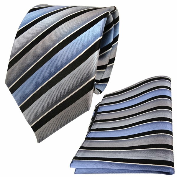 Tigertie Seidenkrawatte + Seideneinstecktuch Grau Blau Schwarz Silber Gestreift-image