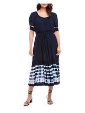 KAREN KANE Womens Navy Lined Elasticized Cuffs Front Tie Midi Dress L