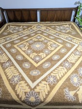 VTG Heavy 100 Wool Blanket Reversible Floral Cream Brown Velvet Trim 77 X 90