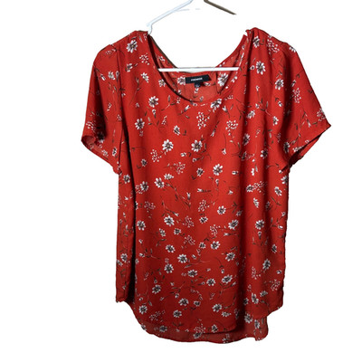 Premise Blouse Women's Large Red Floral Boho Short Sleeve Lightweight Round Neck