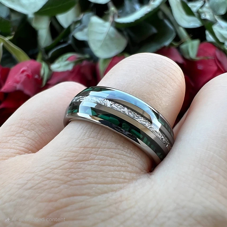 8MM Men Women Tungsten Carbide Ring Band Bright Meteorite and Malachite Inlay - Image 2 of 4