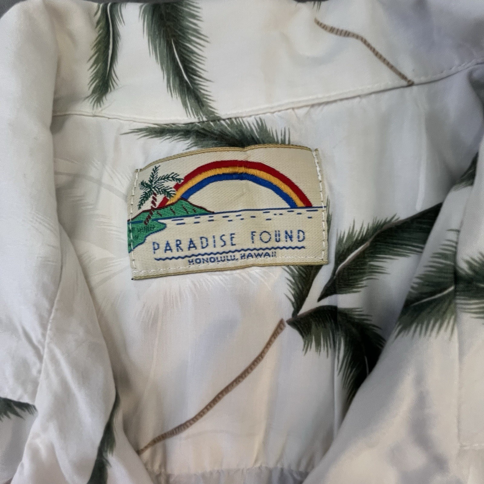 Paradise Found Palm Trees Hawaiian Button Down Shirt Mens Vintage XL White