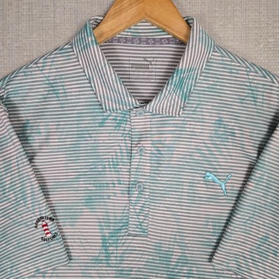 PUMA x HARBOUR TOWN Mens Size Large Hawaiian Polo Shirt Green Stripe Golf