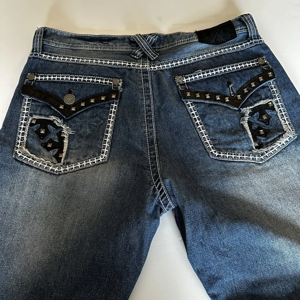 Pantalones de mezclilla Xtreme Couture para hombre 36x32 azul pierna recta solapa bolsillo Y2K  Foto 2 de 4