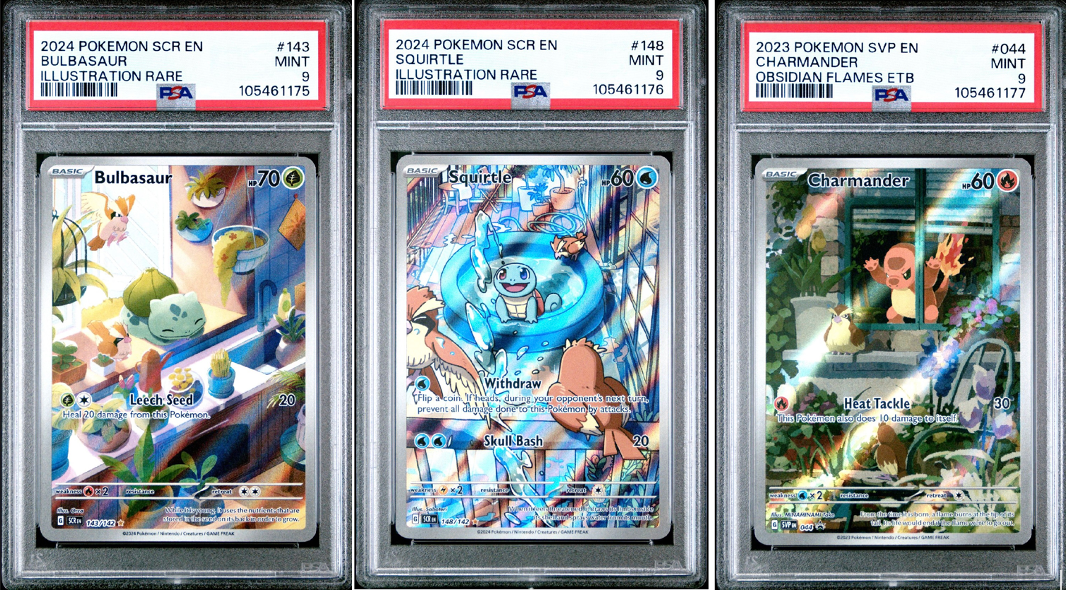 CHARMANDER 044 BULBASAUR 143 SQUIRTLE 148 ILLUSTRATION RARE PSA 9