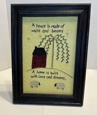 Primative Folk Art Framed Picture Country Decor House, Tree & Sheep 9 x 12