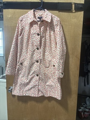 Vintage Lands End Rain Coat Trench Womens Large Sun Shower Pink Floral Jacket 