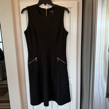 Sharagano Women's Little Black Dress Sz 4 Sleeveless Exposed Gold Zip Pockets