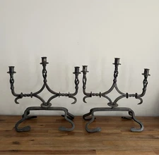 Pair Of Antique Early Hand Wrought Iron 3 Arm Candleholders Candelabra Twisted