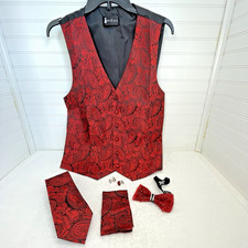 Ties2you Formal Tuxedo Vest 5-Piece Set Red Black Silk Paisley Men's Sz Small