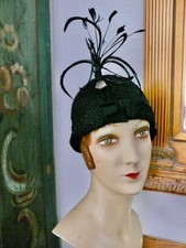 1920 s Black Straw Cloche , Flapper Evening Hat feathers Art Deco 23 1/4