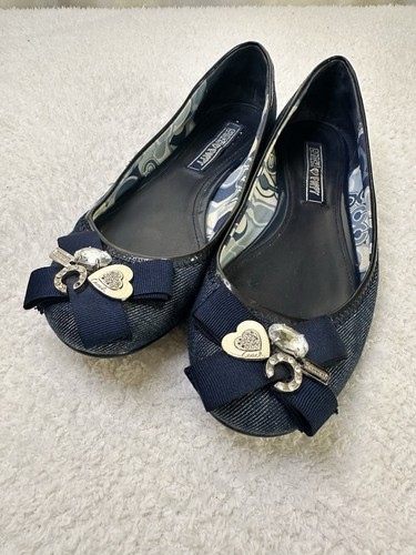 Coach Poppy Shoes Womens 8.5 B Caper Ballet Flat Navy Bow Charms