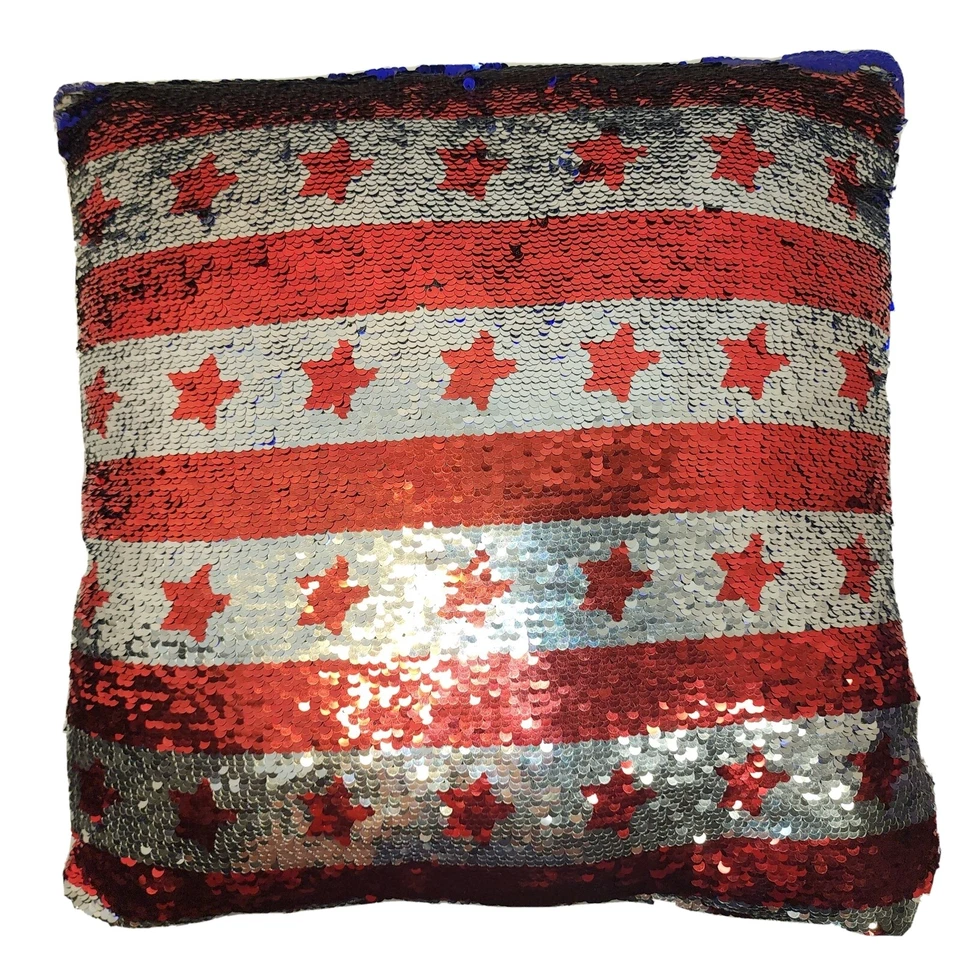 Almohada Patriotic Magic reversible lentejuelas estrellas americanas lentejuelas brillantes 17x16 pulgadas Foto 2 de 4