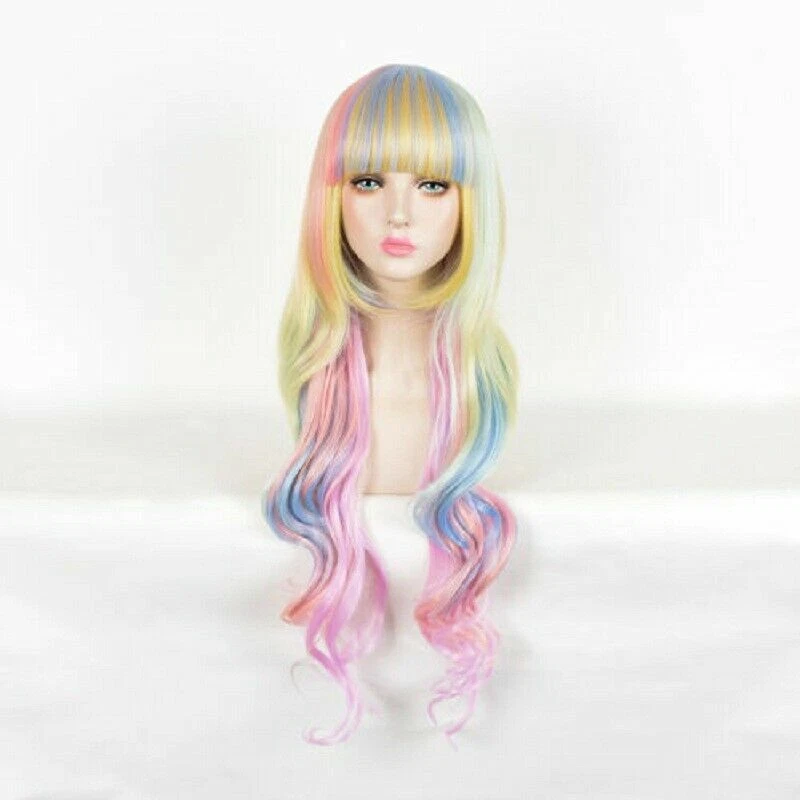 Lolita Party Wig Candy For Cosplay Pastel Ombre Rainbow Blunt Bangs Frame  Face | eBay