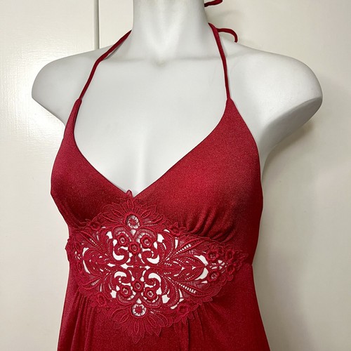 Vintage 70s Roberta California Red Crochet Lace Cut Out Halter Maxi Dress - Picture 2 of 6