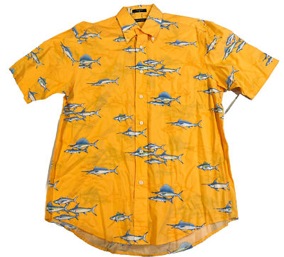 Nautica Mens Fish Print Tangerine Button Down Short Sleeves Size Medium 