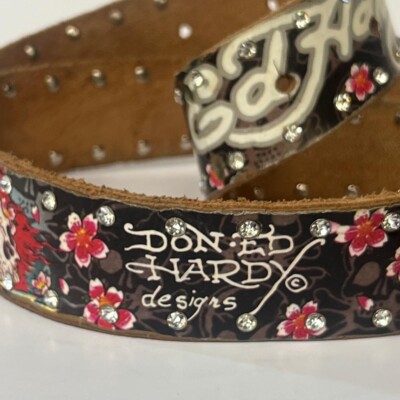 Y2K Rare Ed Hardy Glitter Large Buckle Belt Leather Rhinestone One