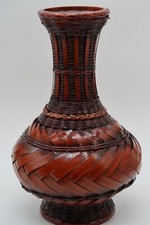 Vtg Shanghai Handicrafts Lacquered Ikebana Bamboo & Glass Flower Vase Lovely