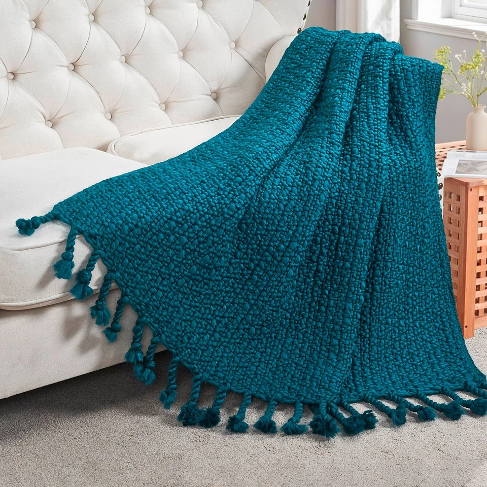 Chunky Knit Throw Blanket w/ Braided Tassels Soft Thick Yarn Basket Weave Boho - Image 4 of 4