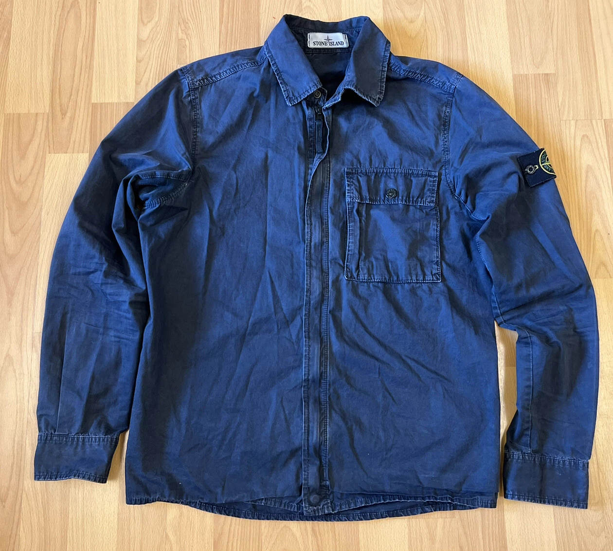 Stone Island piccola sovracamicia camicia blu navy cotone tasca zip intera giacca cappotto