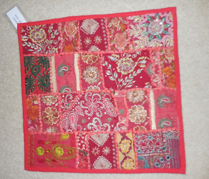 Square Pillow Sham Sequin Embroidered Patchwork Flower Paisley Red  16" 