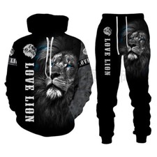 Men's Pullover Hooded Tracksuits 3D Lion Printed Men's Long Sleeve Sportswear