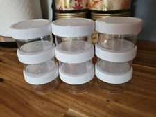 SET OF 9 -- 1 oz Small Plastic Containers Screw On Lids 1 7/8 inch inside dia.