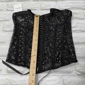 Sheer Bustier Corset Top L Lace Up Rhinestone Shimmery Lingerie Boned Push Up