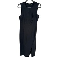 Theory Black Bias Seam Midi Dress Sleeveless Front Slit L Quiet Luxury Cocktail
