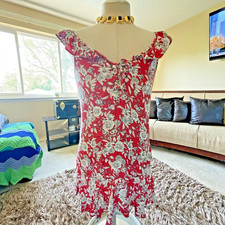 AEO Women’s Mini Floral Tie Front Dress Red Ditsy Ruffle Sleeve Boho Tier Bottom
