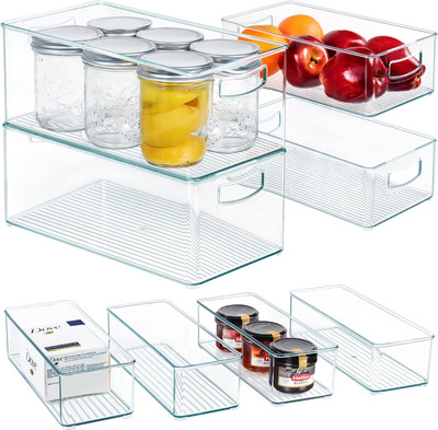 8 PACK Stackable Pantry Organizer Bins (3 Sizes) - Clear Fridge Organizers for K