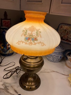 The Rochester 1880 VTG brass glass orange green floral hurricane lamp SKU 9977