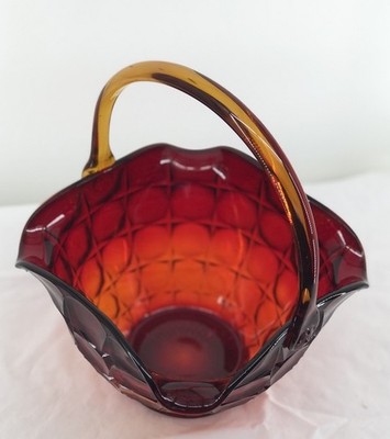 Vintage Tiara Exclusive Heavy Red Glass Basket/Amberina Handle