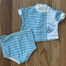Vintage Baby Boy's 50s 60s Blue 2pc Romper Set Peek a Boo Bear