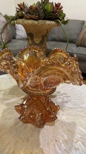 Carnival Imperial Marigold Glass Hobstar punch bowl with stand, Flower Pattern