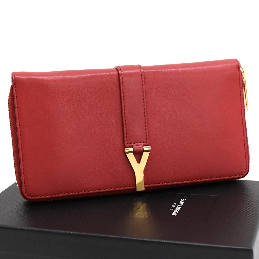 SAINT LAURENT PARIS LIGNE Y Round Zipper Wallet 314991 Red Leather Purse T10K