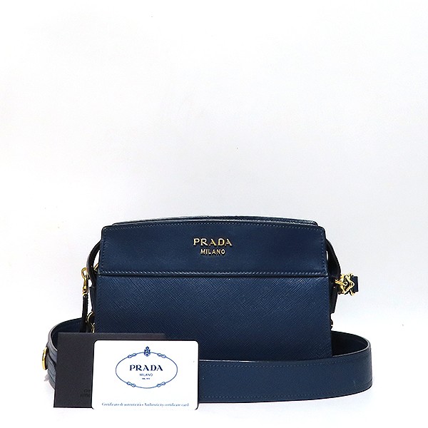 Prada Saffiano Mini Square Crossbody Bag in Navy with Gold Logo