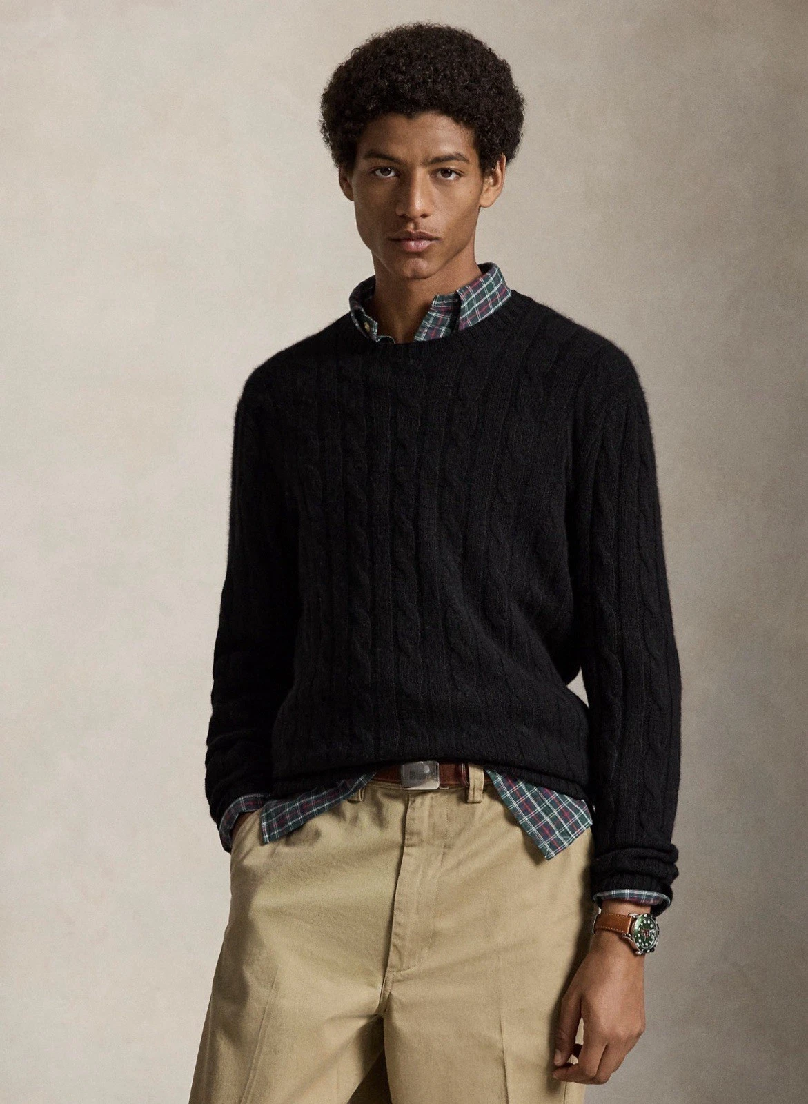 Polo Ralph Lauren Men's Cable Knit Crewneck Wool Cashmere Sweater Black L