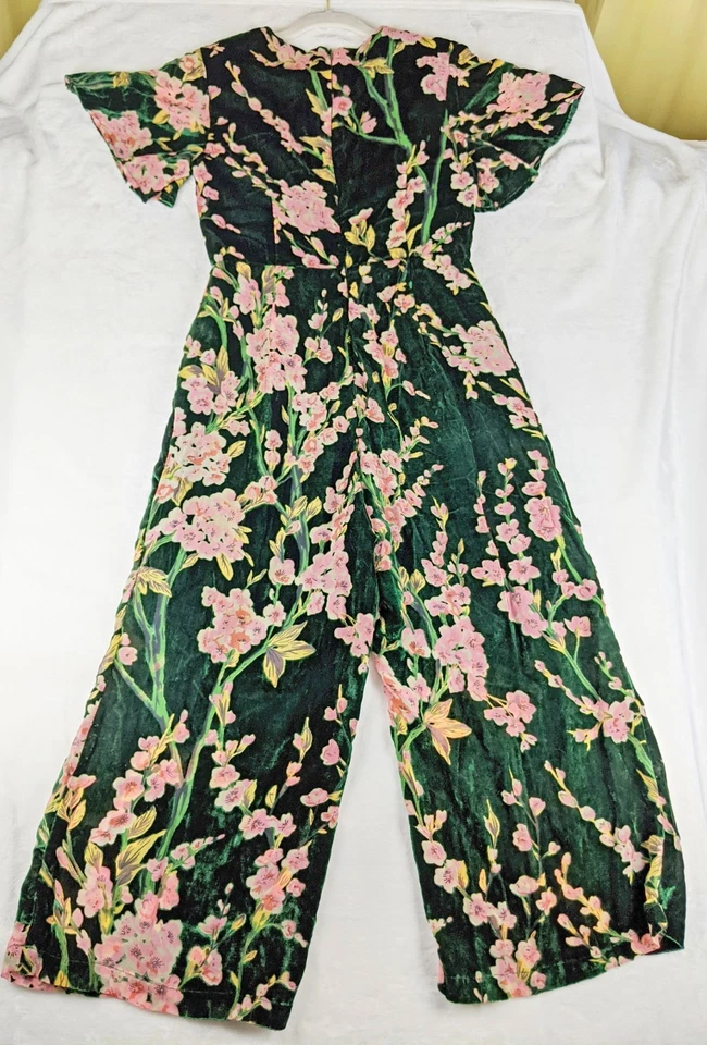 Mono Floral Terciopelo Verde Rosa Flores Pierna Ancha Manga Corta Boho Retro Foto 2 de 4