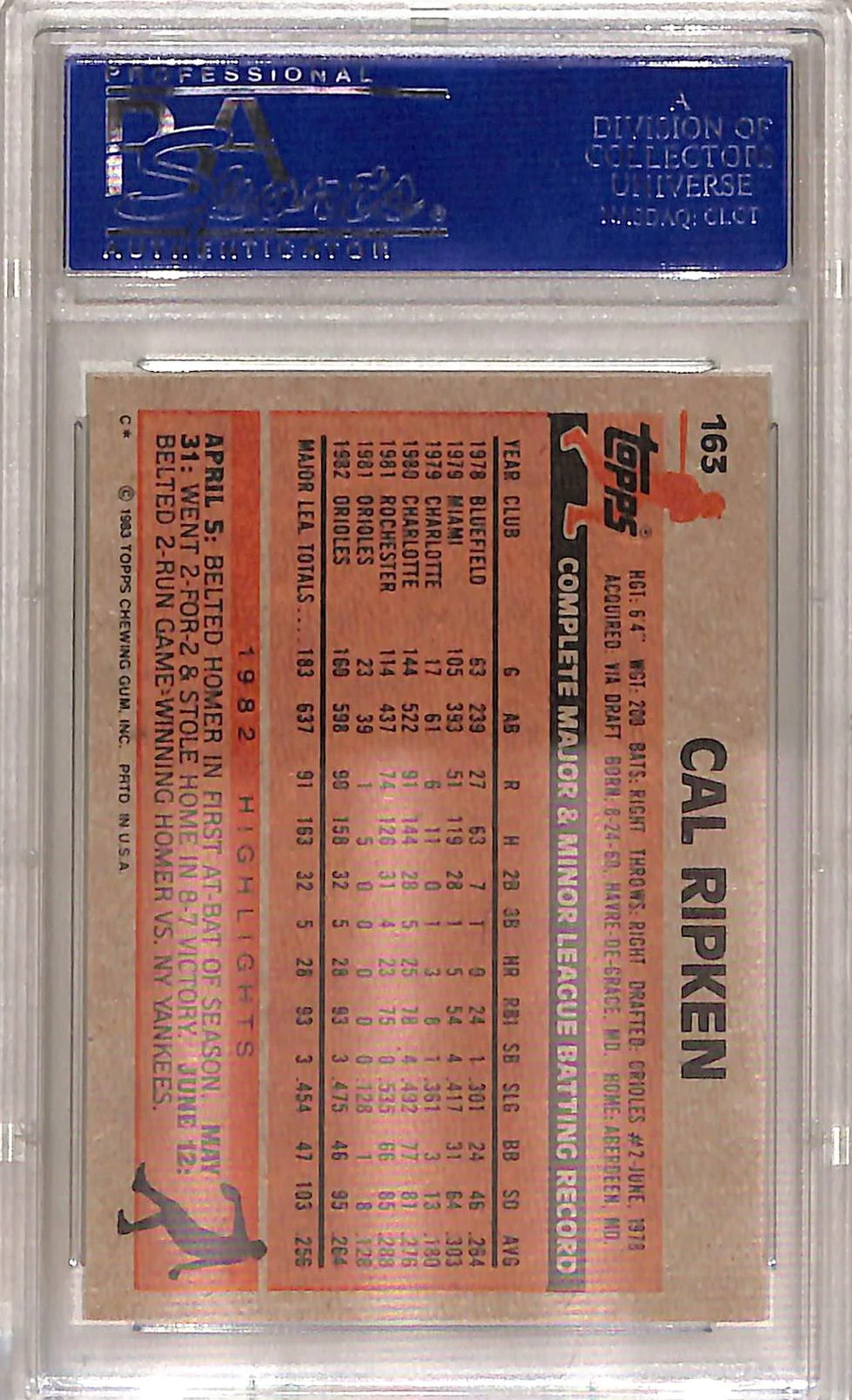 Cal Ripken JR. 1983 Topps #163 PSA 9 view 2