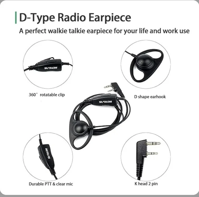 Retevis Case of 10, Walkie Talkies Earpiece with Mic 2 Pin D-Type Headset10 Pack - Image 2 of 4