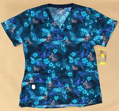 Carhartt  Cross Flex Blue Butterfly Two Pocket V Neck Scrub Top Womens Large