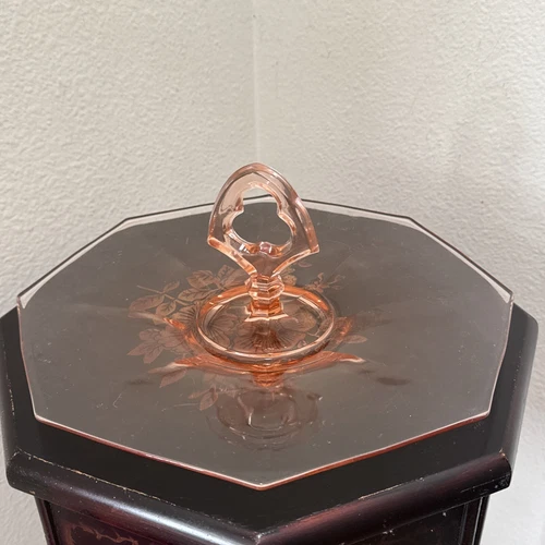 Pink Depression Glass Tidbit Tray Octagon Plate Center Handle Serving Platter