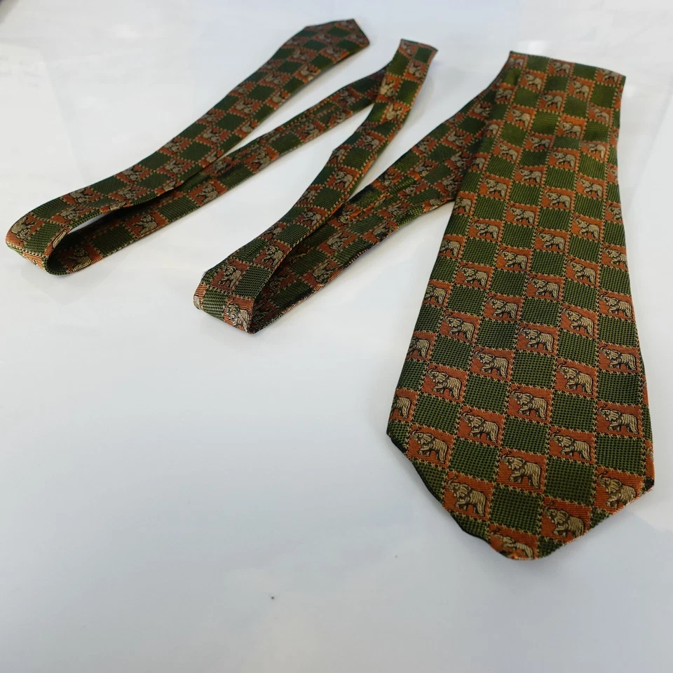 JIM THOMPSON Corbata Cuello Para Hombres Marrón Verde Elefante Animal Cuadros Traje Clásico Ejército Foto 4 de 4