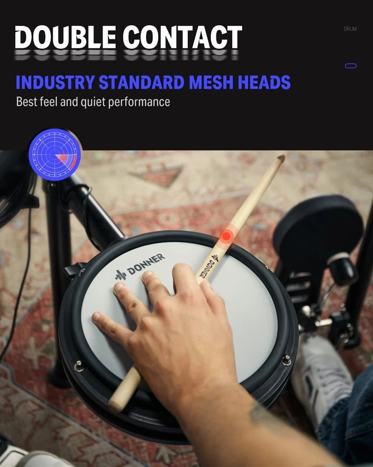 Donner DED-200 Electric Drum Kit Set Quiet Mesh Pads Dual Zone Snare With Throne - Image 4 of 4