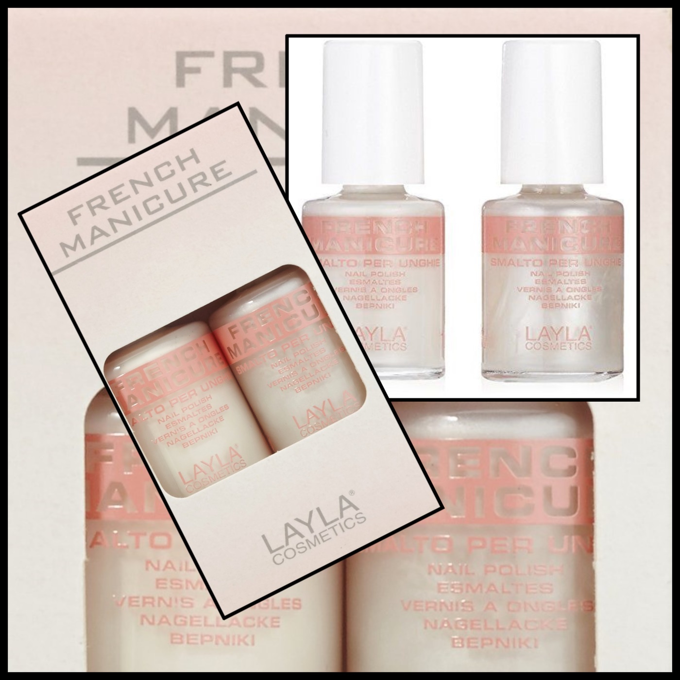 LAYLA french manicure KIT BIANCO E BIANCO PERLATO 10ML+10ML LUNETTE ADESIVE NEW
