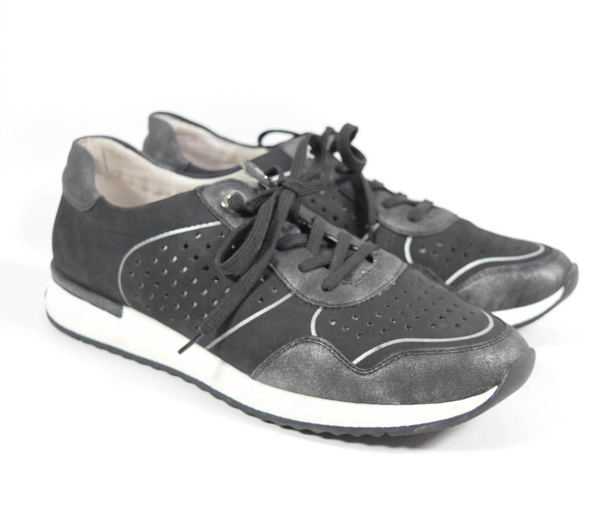 Remonte Rieker Black Leather Perforated Metallic Sneakers Shoes Sz