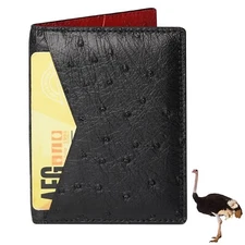 Black/Red Real Ostrich Skin Mini Bifold Leather Wallet Men's Credit Card Holder