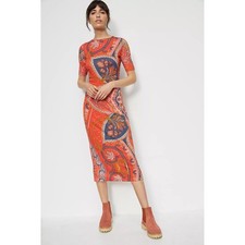 Farm Rio for Anthropologie Paisley Print Midi Dress Orange Small S