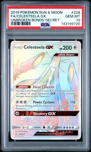 2019 POKEMON SUN & MOON UNBROKEN BONDS SECRET #228 FULL ART/CELESTEELA GX PSA 10